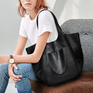 New style spliced plain leather soft leather casual large capacity shoulder handheld tote bag